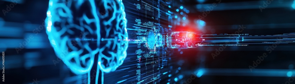 Poster futuristic digital brain with glowing circuitry, representing artificial intelligence and advanced t