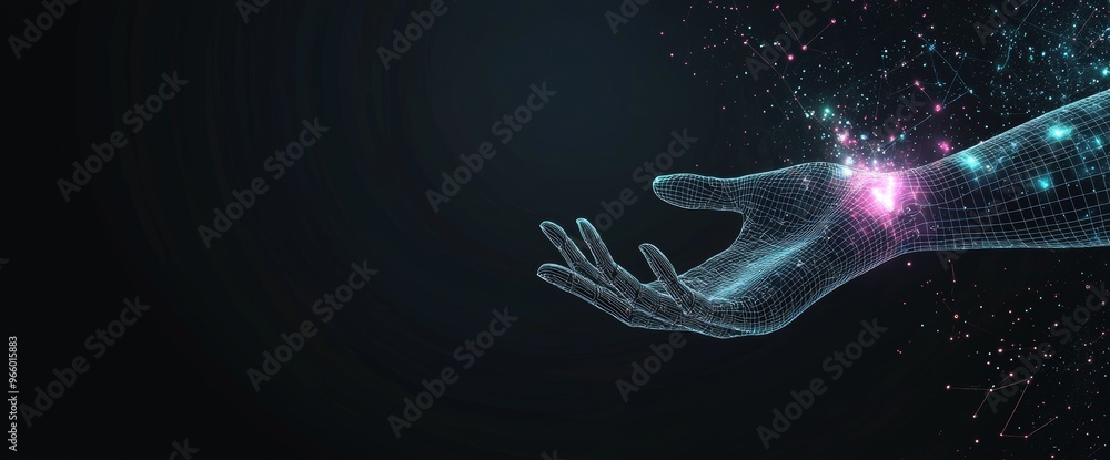 Poster a digital hand hologram on a dark background with copy space. a neural network connection. a communi