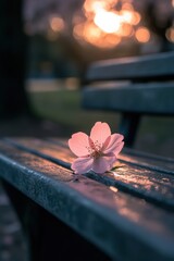 Delicate Blossom on a Park Bench at Sunset