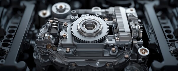 High-quality image of a detailed industrial engine showing complex mechanisms and components in a modern automotive design.