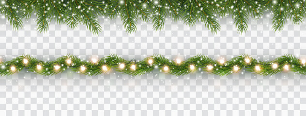 Border with green fir branches, lights isolated on transparent background. Pine, xmas evergreen plants banners. Vector snow Christmas tree garland set © Kindlena