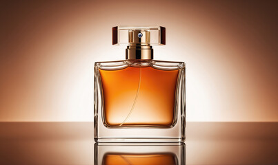 A glass bottle of amber-colored perfume sits on a reflective surface against a brown background
