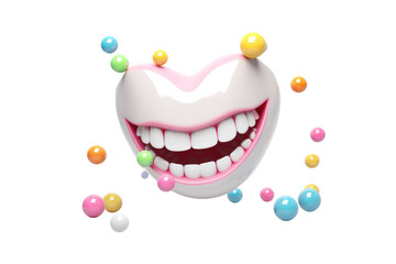 Obraz premium Cute 3D white teeth decorated with colorful polka dots and a mischievous smile, isolated on a white background.