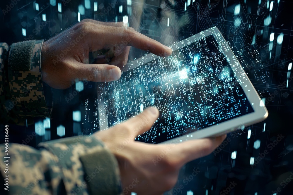 Aufkleber an intelligent arms control system on a tablet computer with augmented reality. internet, stock-cont