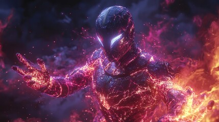 Futuristic Anime Warrior Unleashing Energy Blasts with Glowing Armor in Sci-Fi Battle Scene