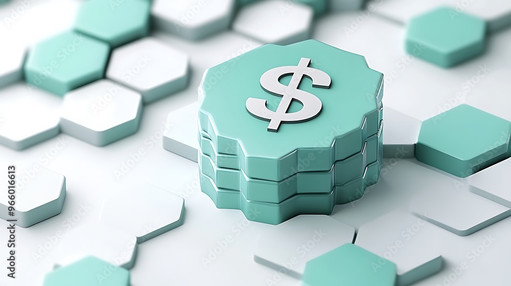 Poster elegant 3d teal pentagon icon with dollar sign on white background - isometric view high-resolution 