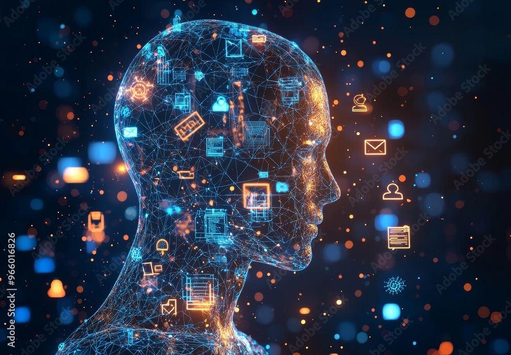 Poster this is a stock image of the face of a humanoid with a digital brain processing big data, processing