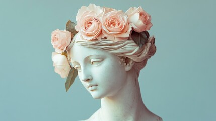 An antique female statue's head, cut with pink roses, set against a delicate color background.