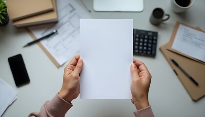 Obraz premium Person holding a blank white A4 sheet of paper with a workspace in the background.
