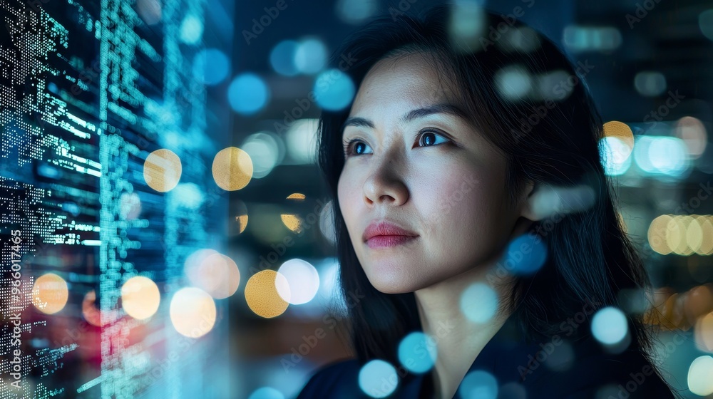 Aufkleber this is a portrait of a female asian startup entrepreneur working on a computer, with a line of code