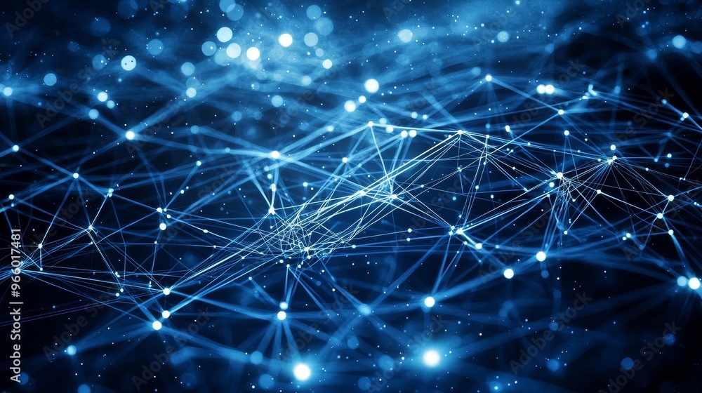 Poster a dynamic cyber wave framed by dots and lines. abstract blue background with a big date. adaptive ai