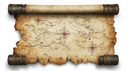 Vintage treasure map styled like an old pirate scroll, with torn edges and weathered paper.
