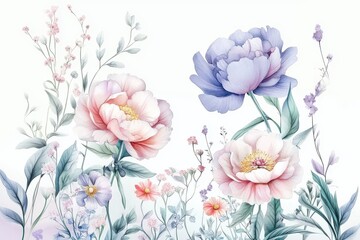 Abstract watercolor peony flowers and leaves and wild flowers at footer background, pastel color