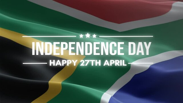South Africa Independence Day, Happy April 27 Lettering text animation, waving flag background, fireworks