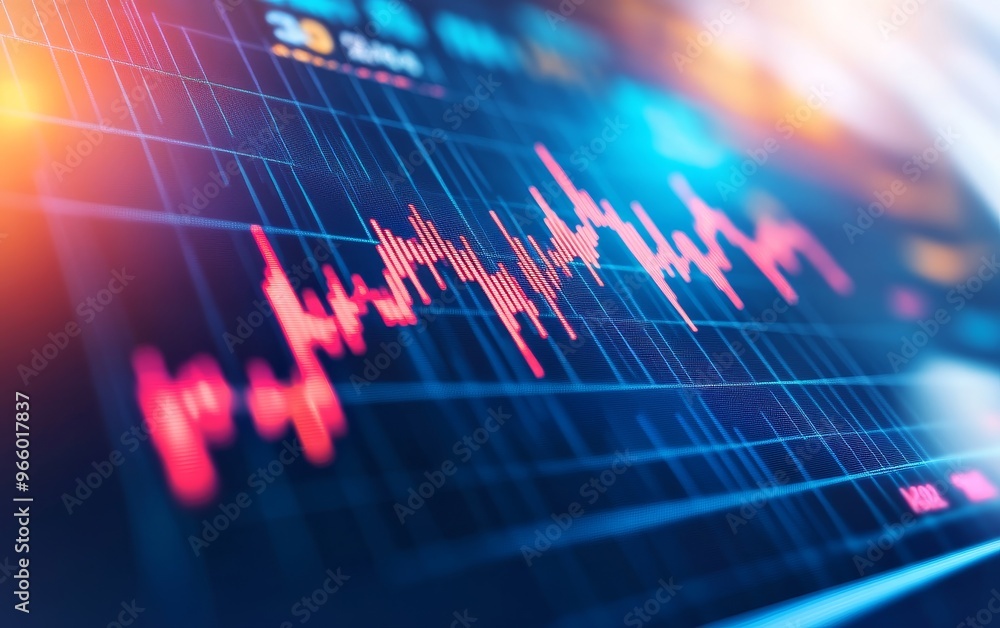 Poster a close-up of a digital waveform graph, displaying data trends with vibrant colors and a modern aest