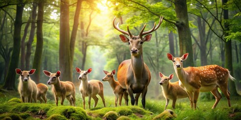 A Group Of Deer And Pigs Stand Together In A Lush Forest With Tall Trees, Creating A Harmonious And Peaceful Ambiance.
