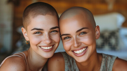 Portrait of two young women with friendly expressions and shaved heads, cancer survivors. World breast cancer day.