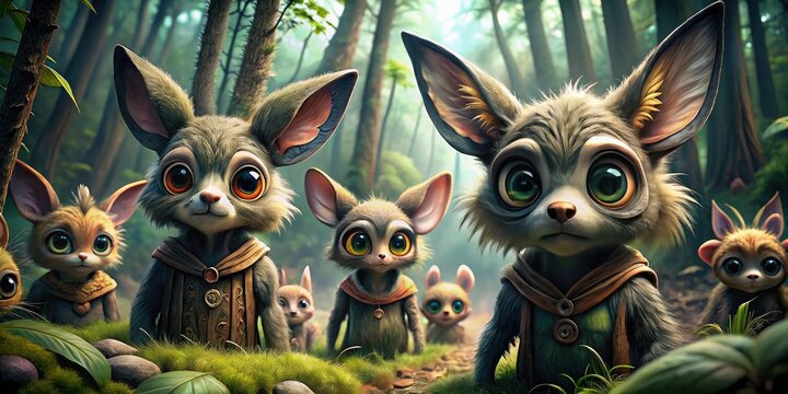 A Group Of Furry, Humanoid Creatures With Large Eyes And Ears Gather In A Forest Clearing, Their Expressive Faces Conveying A Mix Of Curiosity And Caution.