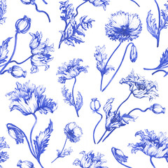 Seamless pattern in Toile de Jouy fabric style with blue poppy flowers. Hand drawn monochrome watercolor painting illustration isolated on white background