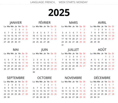 2025 french calendar. Editable simple vector illustration France. 12 months year calendrier