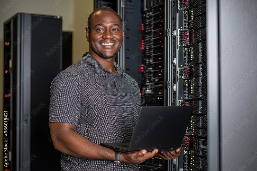 Poster it support or friendly african engineer fixing computer network setup for information technology. se