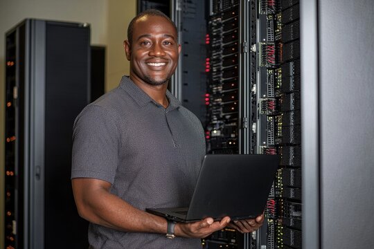 It support or friendly African engineer fixing computer network setup for information technology. Server room, black man or portrait of technician with laptop.