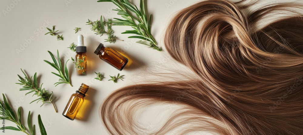 Wall mural a long, brown hair with blonde highlights is laying on the table, next to it there are two small gla