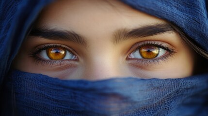 Naklejka premium Closeup of the amber eyes of a girl with her face wrapped in a blue scarf generative ai