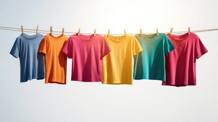 Brightly colored t-shirts hanging on a clothesline, isolated on a crisp white background, sunlit.