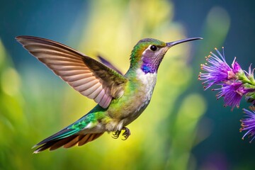 Fototapeta premium A hummingbird suspended in mid-air, its iridescent feathers glimmering, its wings beating rapidly as it hovers in place, sipping nectar from a bright purple flower.
