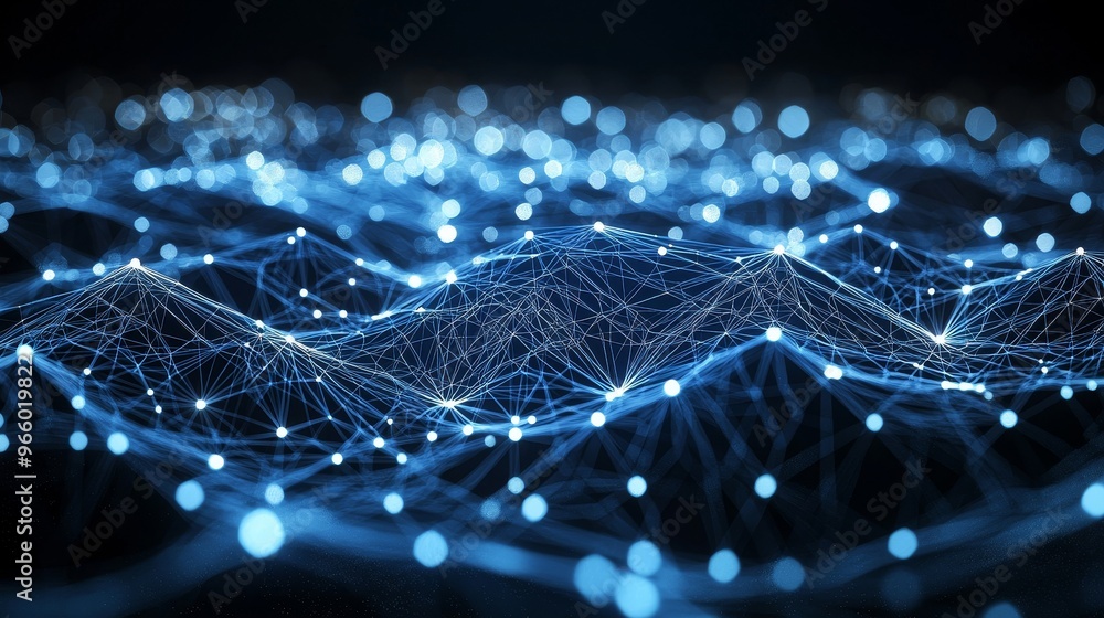 Poster an abstract background on which particles are connected in a grid and a blue color is shown. stock p
