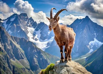 A Large, Muscular Mountain Goat Stands Majestically On A Rugged Cliff, Its Horns Towering Over The Surrounding Peaks.