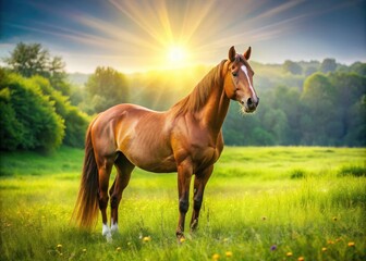 A Liver Chestnut-Colored Horse Stands In A Lush Green Field With The Sun Shining On Its Back.