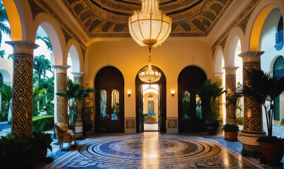 Obraz premium A grand entrance with ornate columns, a mosaic floor, and a chandelier in a luxurious villa