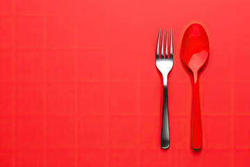 A vibrant image showcasing a black fork and a red spoon on a bold red background, perfect for culinary themes and dining concepts.