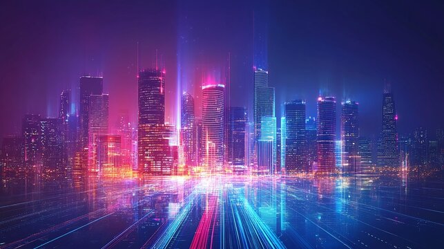 smart modern city with neon skyscrapers and futuristic technology, virtual reality and speed light motion effect for a tech-driven digital future
