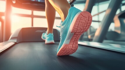 woman's feet running on a treadmill, symbolizing fitness, determination, and a healthy lifestyle. The image captures the motion and dedication involved in regular exercise