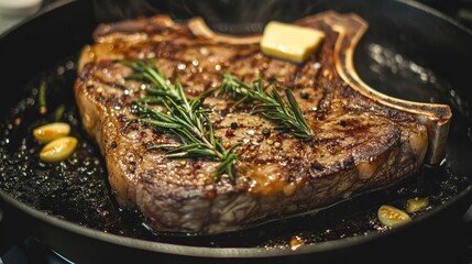 Sizzling T-bone steak on a cast-iron skillet with butter, rosemary, and garlic.