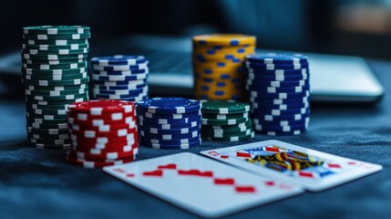 Fototapeta premium Online poker essentials: poker chips, laptop, and playing cards