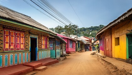 Traditional wooden houses with intricate carvings and vibrant paint line a narrow, dusty street in a rural village