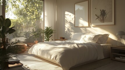 Fototapeta premium Double bed in a sunlit bedroom, surrounded by clean, modern furnishings and soft, neutral colors, perfect for relaxation.