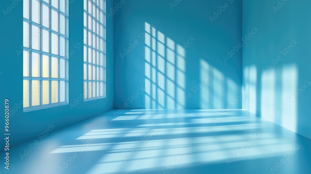 Aufkleber empty blue 3d room with soft shadows from window frames, providing a modern and stylish environment 