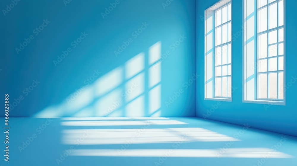 Aufkleber empty blue 3d room with soft shadows from window frames, providing a modern and stylish environment 
