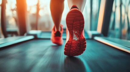 woman's feet running on a treadmill, symbolizing fitness, determination, and a healthy lifestyle. The image captures the motion and dedication involved in regular exercise