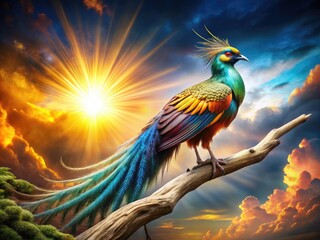 Obraz premium A Majestic, Mythical Bird With Vibrant Plumage And Piercing Eyes Stands Tall On A Rugged Branch Against A Radiant, Celestial Background.