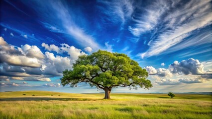 A majestic, solitary oak tree stands tall amidst rolling hills and vast, open plains under a vast, blue Texas sky with few wispy clouds.
