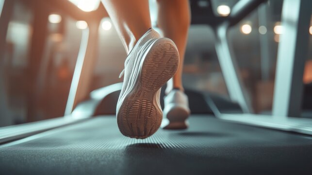 woman's feet running on a treadmill, symbolizing fitness, determination, and a healthy lifestyle. The image captures the motion and dedication involved in regular exercise