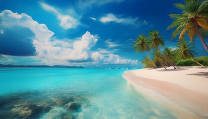 Naklejka premium Tropical paradise with white sand beach, crystal clear turquoise water, palm trees, and fluffy white clouds in the blue sky