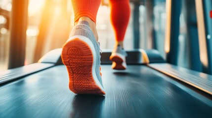 woman's feet running on a treadmill, symbolizing fitness, determination, and a healthy lifestyle. The image captures the motion and dedication involved in regular exercise