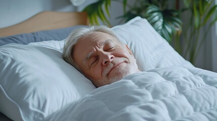 comfortable sleep for a happy elderly man at home, soft mattress and bedding for restful sleep and relaxation, perfect for mattress and bedding business